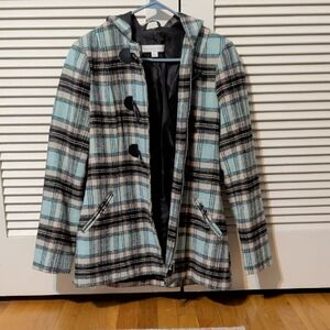 New York & Company Plaid Pea Coat - Blue and Black